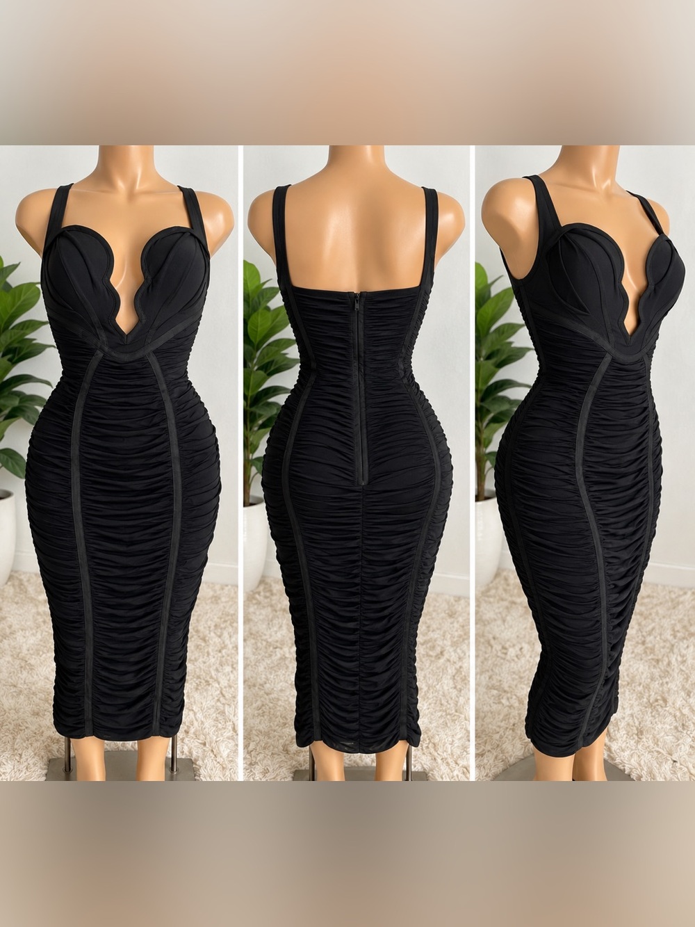 Fashion Nova Black Ruched Midi Bodycon Dress